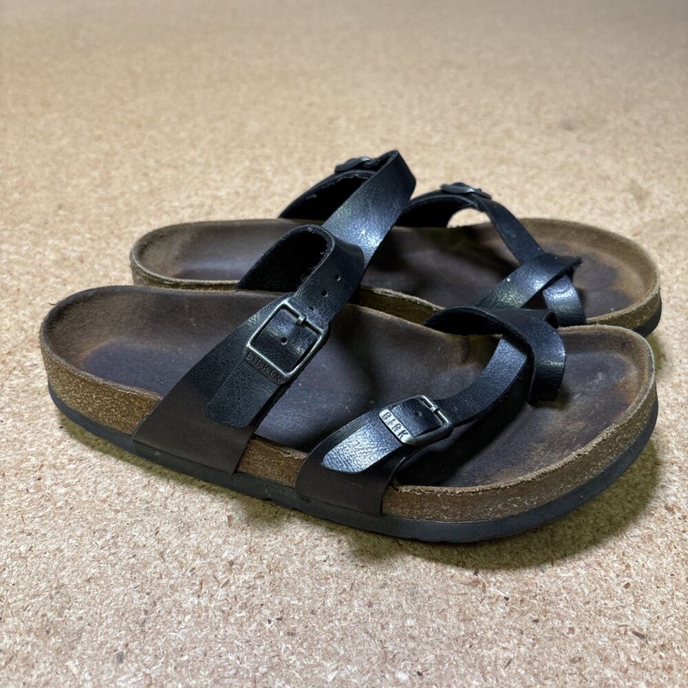 BIRKENSTOCK Mayari Vegan Leather Sandals 38 W7 Black Walking Cross